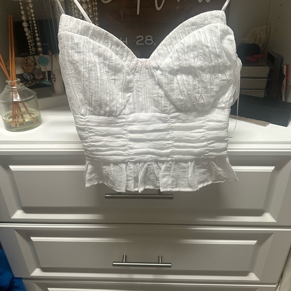 Express Tops - Express Fitted Pleated Bustier Peplum Cami in White